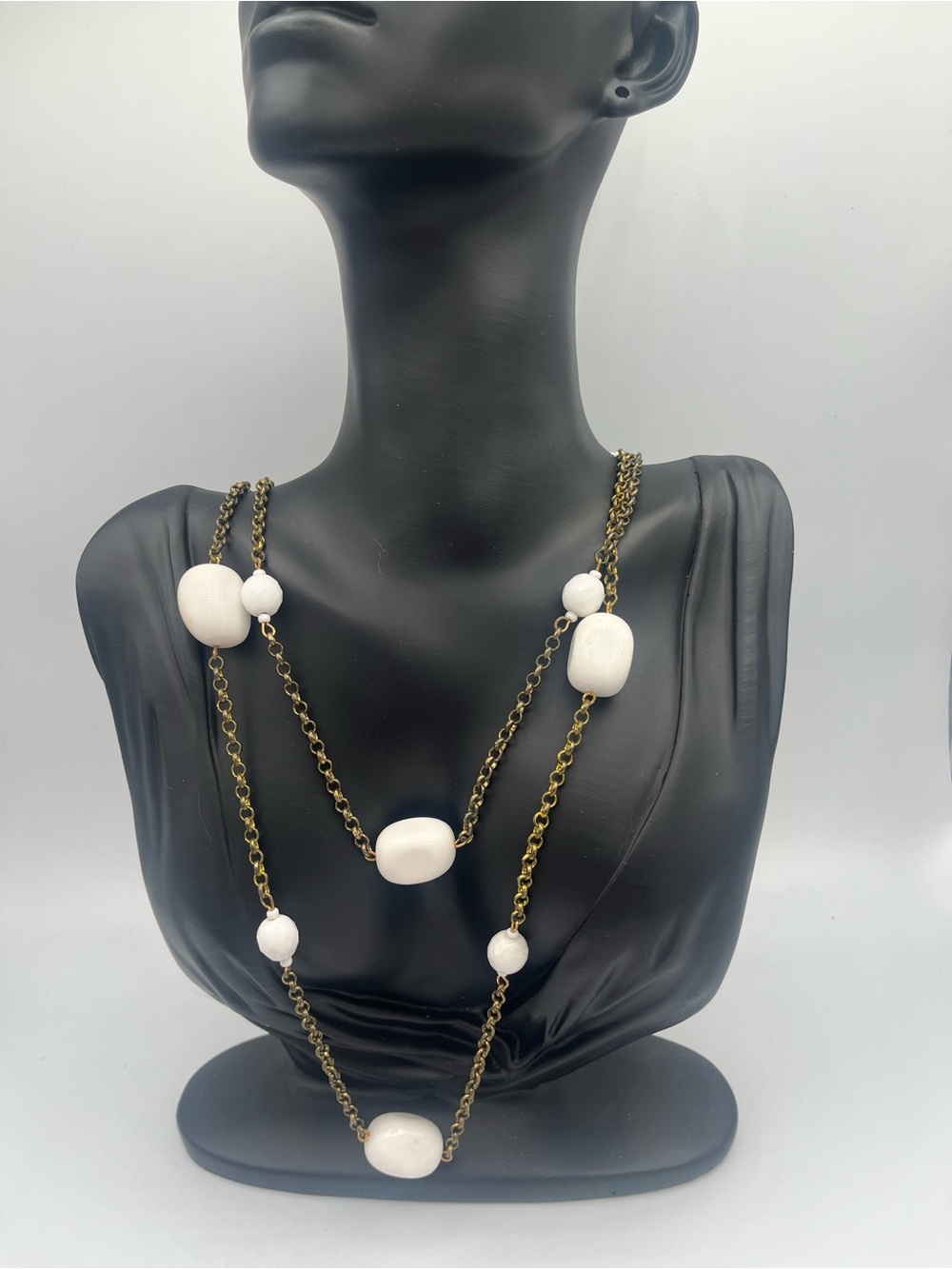 Vintage 1950s White Milk Glass Beads on Long Brass Chain Necklace